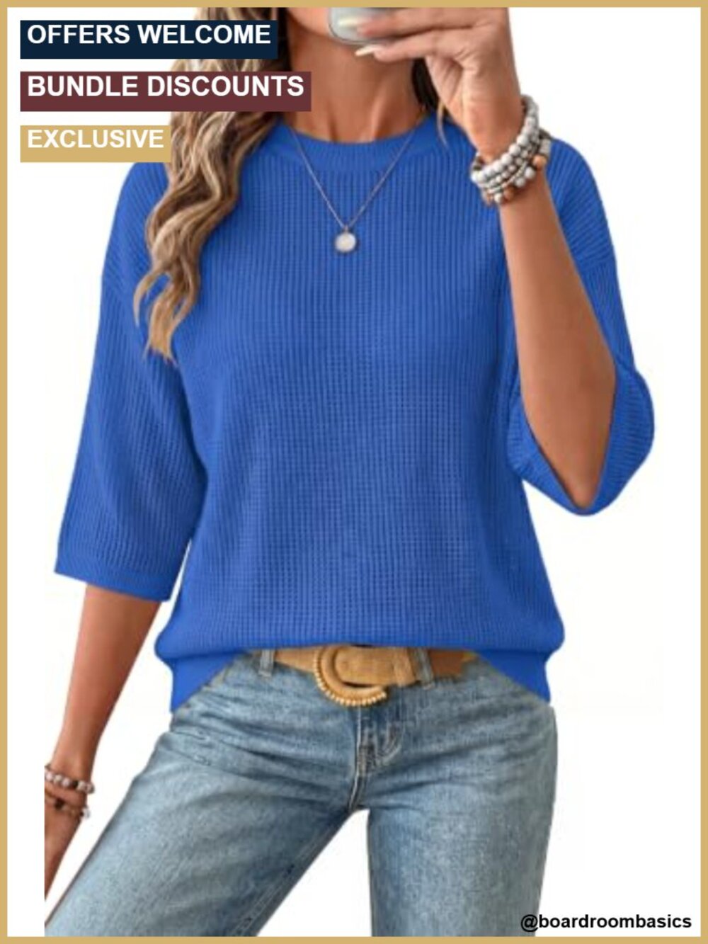 Oversized 3/4 Sleeve Crochet Pullover Sweater Breathable 100% Cotton